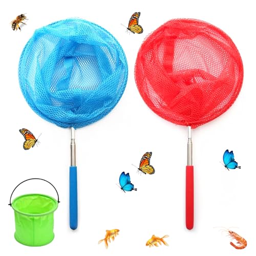 2 Stück Kescher Kinder, Teleskop Schmetterlingsnetz mit 1 Faltbarer Eimer, Teichnetz, Strand, Fangnetz, Insekten Netz, Outdoor Ideal zum Fangen von Insekten Bugs Fische Angeln Teich Pool Garten