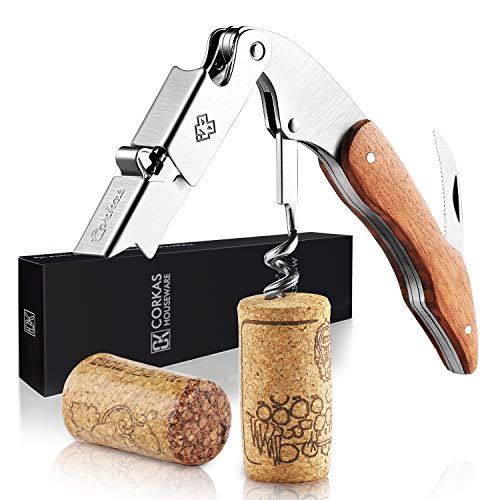 CORKAS Korkenzieher Holz Kellnermesser - Profi Korkenzieher aus Edelstahl in Gastronomie Qualität mit Flaschenöffner und Folienschneider – Ideales Kellnermesser für Weinliebhaber