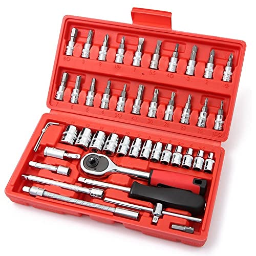 LSHK 46-tlg Steckschlüsselsatz Satz mit 1/4'' Ratschenschlüssel metrischem Bit-Steckschlüssel-Set und Verlängerungsstange mit Kunststoffbox für Autoreparatur und Heimwartung