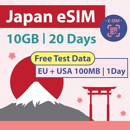 Japan Data NUR eSIM-Karte 20 Tage | 10 GB 5G LTE-Internetdaten | KOSTENLOSE Testdaten 100 MB/1 Tag in Europe | Duale lokale japanische Netzbetreiber, Softbank und KDDI |短期帰国・短期来日最適・安心日本語サポート