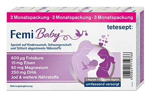 tetesept Femi Baby - 16 Nährstoffe für Kinderwunsch, Schwangerschaft & Stillzeit - Vitamine & Mineralstoffe wie Folsäure, Eisen, Magnesium, Jod + DHA - 1 x 3-Monats-Packung à 90 Tabletten + 90 Kapseln