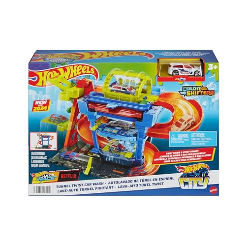 Hot Wheels Let's Race Netflix - City Spielzeugauto-Trackset, Farbwechsel-Tunnelautowaschanlage mit 1 Farbwechselfahrzeug im Maßstab 1:64, HTN80