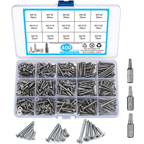 400 Stück Selbstschneidendes Schrauben-Sortiment-Set, Edelstahl-Senkkopf-Torx-Selbstbohrschrauben, Holz-Trockenbauschrauben mit Bohrer-M3/M3,5/M4, 12mm/16mm/20mm/25mm/30mm/35mm-Silber