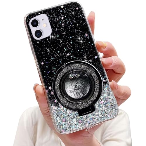 Tivenfezk Nadoli Sparkle Treibsand Ständer Hülle für iPhone 12,Versteckt Ständer Ring Klar Glitzer Stern Handyhülle Durchsichtig Bling Schutzhülle Case Cover,Schwarz