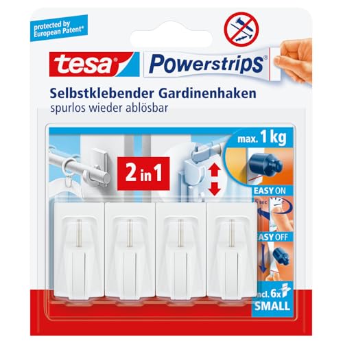 tesa Powerstrips Vario-Gardinenhaken / Selbstklebende Gardinenhaken von tesa - wieder ablösbar und mehrfach verwendbar / Bis 1 kg Belastung / 1 x 4 Stück / Weiß