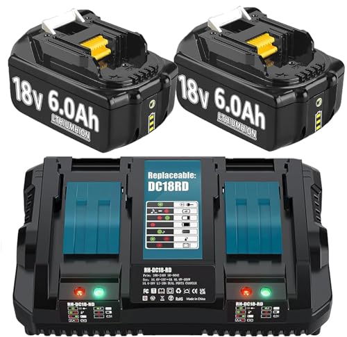 Hohe Kapazität 18V 6.0Ah/6000mAh Verbesserte 2X Ersatzakku für Makita + Dual Port 6A Ladegerät für DC18RD Kompatibel für BL1860B BL1860 BL1850B BL1840B BL1830 with LED Werkzeugakku.