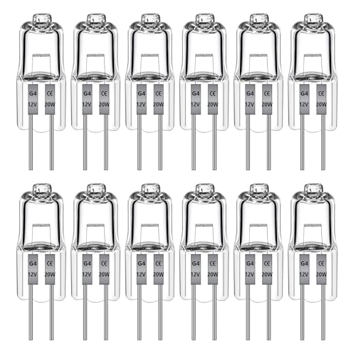 Blakapoo 12 Stück G4 Halogen Glühbirnen 20W 12V, G4 Halogenlampen Clear Capsule 2 Pin Glühbirne, Dimmbare G4 Warmweiß 2700K, für Küchenbeleuchtung, Kronleuchter, Innenbeleuchtung, Schienenbeleuchtung