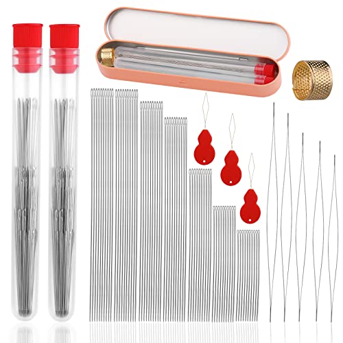 Perlennadel Set 70 Stück Lange gerade Perlennadeln Sticknadeln Offene Perlennadeln in 5 Größen Rocaille Nadeln und Aufbewahrungsbox aus Eisen für die Herstellung von Armbändern Silber