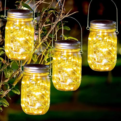 MZJAUVF 4 Stück solarlampen für außen, 30 LED Solar Mason Jar Licht, solarlampe IP65 Wasserdicht Solarleuchten, Hängend solarleuchten für außen, solarlampen für Draußen, Garten, Balkon, Outdoor Deko