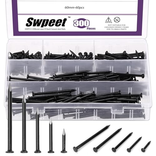 Swpeet 300Pcs 5 Größen 3/4" 1-1/4" 1-3/5" 2" 2-3/8" Schwarz Hardware Nagel Sortiment Kit, Stahl Nagel, galvanisierte Nägel, kleine Nägel, Finishing Nägel, Wandnägel, Holznägel, Nägel für Beton Ziegel