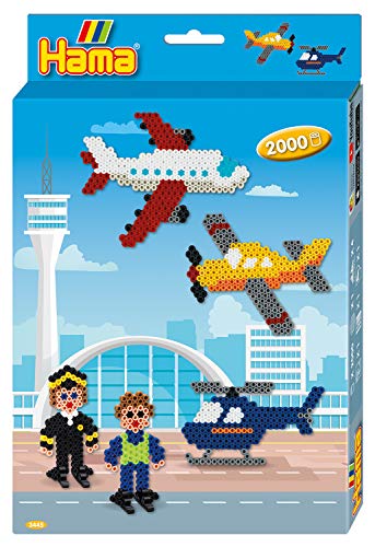 Hama Perlen 3445 Geschenk-Set Flughafen mit ca. 2.000 bunten Midi Bügelperlen mit Durchmesser 5 mm, Motivvorlage und Stiftplatte, inkl. Bügelpapier, kreativer Bastelspaß für Groß und Klein