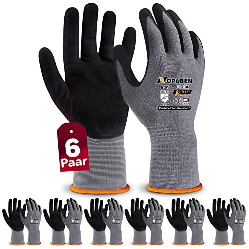 6 Paar Arbeitshandschuhe mit grip herren, mit Rutschfeste Nitril-Beschichtung Mechaniker Handschuhe, Montagehandschuhe mit optimaler Griffigkeit & feinem Tastgefühl, gartenhandschuhe damen, Größe 8/M