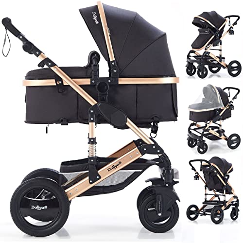 Kombi Kinderwagen 2in1 Bambimo mit Alu-Rahmen - Klick System - 4 Reifen zum abnehmen - mit extra großem Einkaufskorb - 2in1 Sportsitz - Platzsparend (Schwarz - Gold)