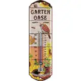 LANOLU Retro Blechschild GARTEN OASE THERMOMETER Schild - Blechschilder Garten mit Sprüchen - Gärtner Geschenke - retro Deko vintage Metallschild Garten 8x28cm