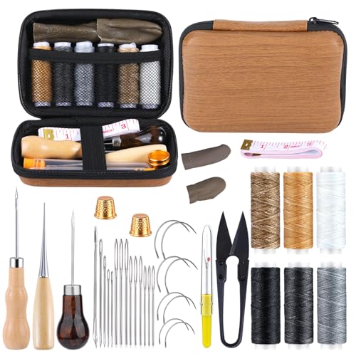 MASPHY 45 Piece Leder Nähen Set, Lederhandwerk Werkzeug Set, einschließlich Wachsfaden und Nadel, Nähgarn-Kit, Komplettes Zubehör, für Leder Nähen, Polsterung Reparatur Handwerk Projekte