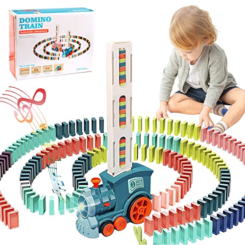 Pipihome Domino Zug Spielzeug Set, Domino Baustein Zug Set mit 120 Stück Domino Blöcken, Automatischer Dominosteine Zug Spiel, Elektrischer Zug Domino Spielzeug für Jungen Mädchen