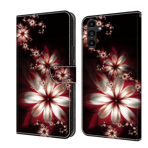 Rnrieyta Miagon Kickstand Flip PU Leder Schutzhülle für Samsung Galaxy A55 5G,Bunt Muster Hülle Brieftasche Case Cover Ständer mit Kartenfächer,Rot Blume