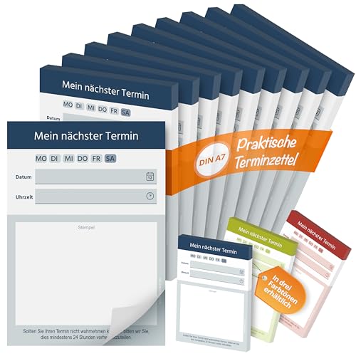Printino Terminblöcke – Terminzettel DIN A7 – 10 Blöcke mit 500 Terminkarten – Offsetpapier 80 g/m² – großes Stempelfeld – klar strukturiert – 3 Farben – für Praxen, Studios, Friseur, Kosmetik (Blau)