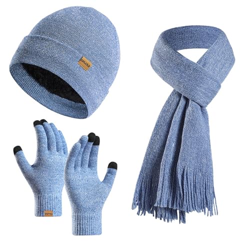 3PCS Winter Warme Mütze Schal Handschuhe Set für Damen Herren Strick Fleece Touchscreen Handschuhe Beanie Hut Skimütze, Hellblau, EinheitsgröÃŸe