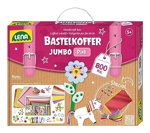 Lena 42664 Jumbo Bastelkoffer mit 800 Teile in Pastell Farben, Material zum Basteln, mit Moosgummi, Buntpapier, Strasssteine, Pompon, Bänder, Knöpfe, Kulleraugen und vielem mehr, ab 5 Jahre