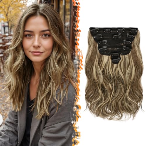 BARSDAR Clip in Haarverlängerung - 30cm Kurzes Welliges Extensions Highlight Für Damen, 6PCs Voller Kopf Dickes Synthetisches Haarteil - Mittel Braun & Blond