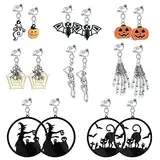 Hifot 8 Paar Halloween Clip Ohrringe Mädchen Damen, Kürbis Geist Spinne Schädel Festliche Atmosphäre Ohrclips Schmuck Zubehör, Halloween Thema Pretend Play Dress up Ohrringe