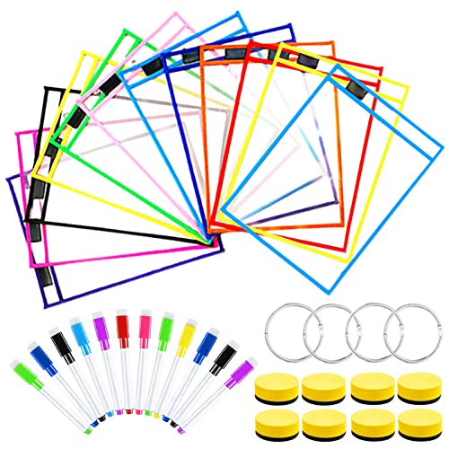 JOYBOY Dry Erase Taschen,Trocken Abwischbare Taschen,12 Farben Abwischbare Durchsichtige Tasche mit 12 Stifthalter,8 Radiergummi und 4 Metallösen,Schreibwaren Lieferungen für Büro und Schule