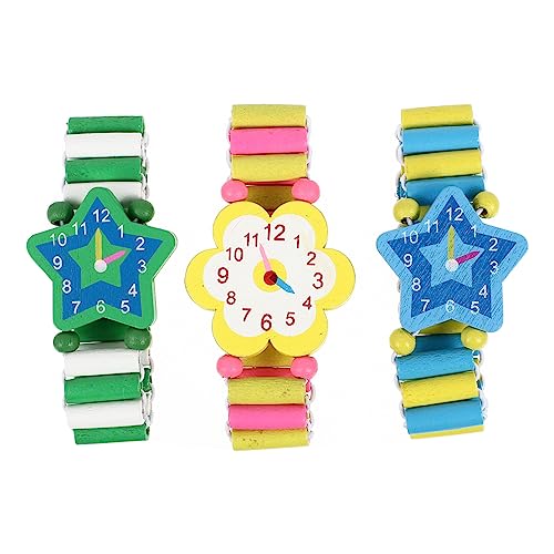 Hemobllo 3 Stück Holz Armbanduhren Spielzeug, Niedliche Cartoon Hölzerne Uhren Spielzeug Elastische Armband Simulation Armbanduhren Kinder Spielzeug (Zufälliger Stil)