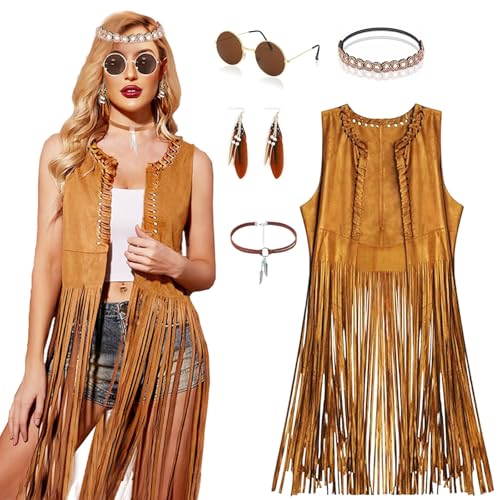 Hippie Kostüm Damen Poncho Fasching Kleidung Set 60er 70er Jahre Outfit Western Faschingskostüme Fransenweste Festival Kleid Cowboy Kostüm Accessoires