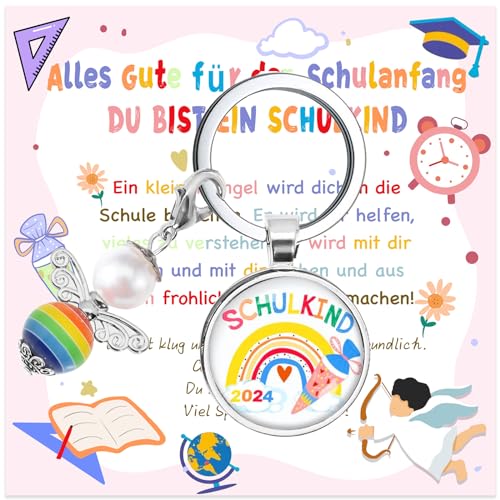 Werfunee Einschulung Geschenk Schultüte Mädchen Schutzengel Schlüsselanhänger für Schulkind - Füllung Schulanfang Glücksbringer mit Grußkarte Geschenkbox