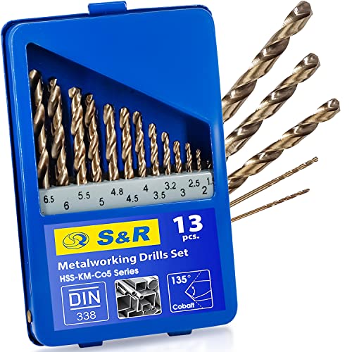 S&R Metallbohrer-Set 1,5-6,5 mm, 13-tlg. Bohrerset HSS-G, Cobaltlegiert, Hochleistungs- und Präzisionsbohrer, Spiralbohrer für Edelstahl, Gusseisen und Stahl, konischer Oberflächenschliff