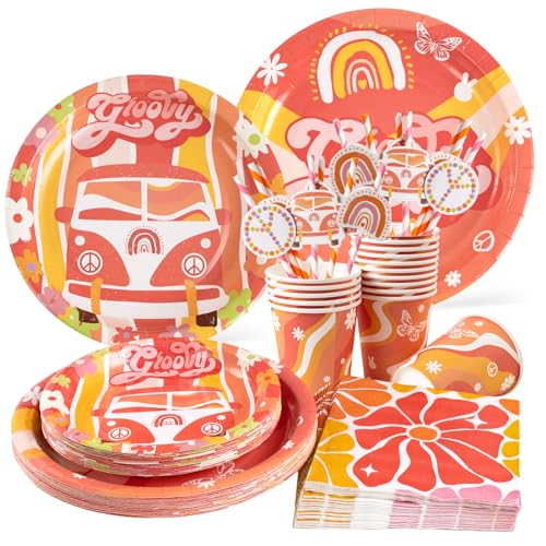SUNBEAUTY 80 Stück Boho Geburtstag Partygeschirr Pappteller Kindergeburtstag einschließlich Pappbecher Servietten Strohhalme Pappteller für Hochzeiten Babypartys Geburtstag Dekoration(16 Gäste)