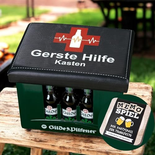 CULT at home Bierkasten Aufsatz Gerste Hilfe – Gartenhocker Bierkastensitz inkl Bierdeckel Memospiel - Sitzauflage für Bierkiste Getränkekiste - Hocker für Balkon Camping 44x34 cm Geschenk Vatertag