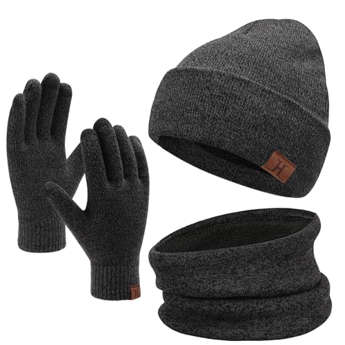 Bequemer Laden Wintermütze Herren Strickmütze, Rundschal, Touchscreen Handschuhe - Sets, Warme Handschuhe Winterschal und Mütze mit Fleecefutter, Dunkelgrau, Einheitsgröße