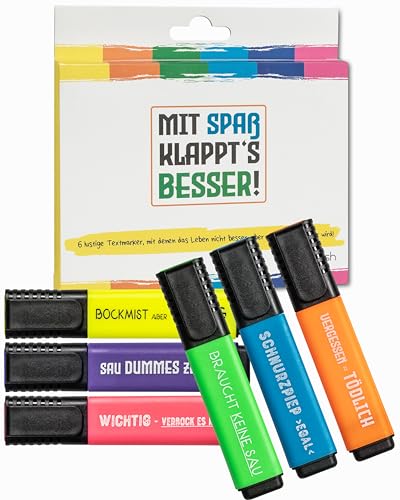 blaash 6 x Lustige Textmarker neon. Bunte Textmarker im Set zum markieren ist das perfekte Geschenk für Studenten, Mitschüler und Arbeitskollegen. Auch als Azubi Geschenk oder Schulzubehör