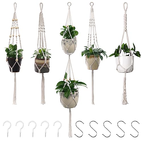 Makramee Blumenampel 5er Set, Boho Deko Baumwollseil Hängeampel Beige Blumentopf für Pflanzen Halter Aufhänger für Innen, Außen, Garten, Balkon, Terasse, Fenster