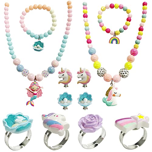 VEGCOO Kinderschmuck, 2 Stück Kinderkette Mädchen 2 Stück Armband Mädchen 4 Stück Ringe 2 Paar Ohrringe Für Mädchen Bunt Und Niedlich Mädchen Schmuck Für Geburtstags