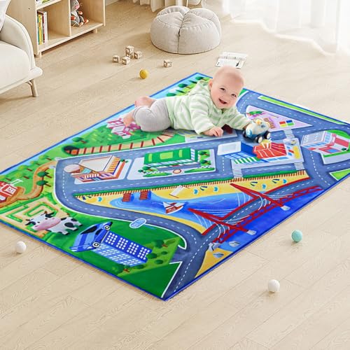 Qingbei Rina Teppich Kinderzimmer Junge, Kinderteppich Mädchen, Baby Spielteppich Straße, Autoteppich Kinder, Spielmatte Stadt 120 x 80 cm, Grün Lernbereich Teppiche fürs Kinderzimmer