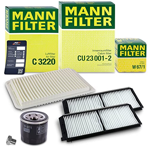 MANN-FILTER Inspektionspaket Filterset 1x Ölfilter, 1x Luftfilter, 1x Innenraumfilter, 1x Ölablassschraube mit Dichtring, 1x Ölwechselanhänger Kompatibel mit MAZDA 2 (DE_, DH_)