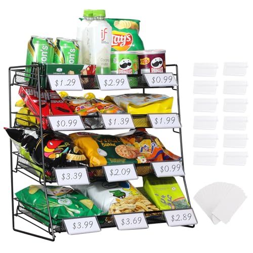 4-stöckiges schwarzes stapelbares Süßigkeiten-Präsentationsregal, Snack-Organizer für Arbeitsplatte, Geschäfte, Büros, mit 12 Schildern und 30 Etiketten (Metallgitterplatte) (Schwarz, 1 Stück)