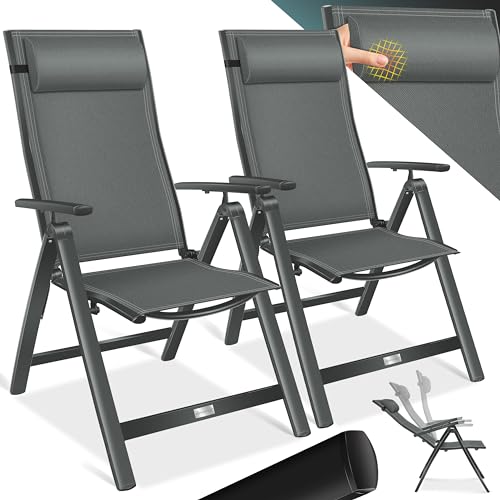 KESSER® Gartenstuhl Hochlehner mit Armlehnen 2er Set | Aluminium Klappstuhl inkl. Kopfkissen Campingstuhl 7-Fach Verstellbar Rückenlehne | Atmungsaktiv & Wetterfest | Klappbar & Anti-Rutsch Anthrazit