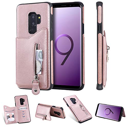 nancencen Kompatibel mit Samsung Galaxy S9 Plus Handyhülle, Leder Brieftasche Halterungs Funktion TPU Zurück Flip Cover Schutzhülle (Anti-Fall) Einfarbig - Roségold