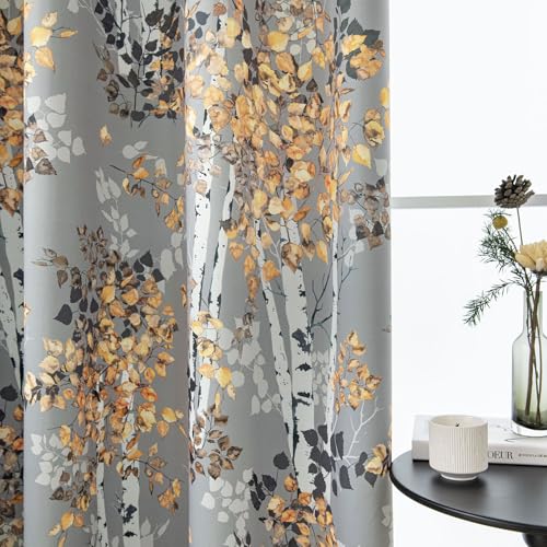 WONGS BEDDING Vorhang Blickdicht Grau Gardinen mit Ösen Blätter Muster 2 Stück 140 x 225 cm (BxH) Vorhänge Schöne Elegante Verdunklungsvorhänge für Deko Wohnzimmer Schlafzimmer