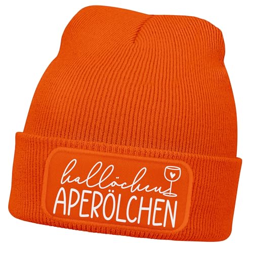 MoonWorks® Damen Beanie mit Patch Hallöchen Aperölchen Strickmütze mit Spruch Aufdruck Lustig Damenmütze Orange Unisize