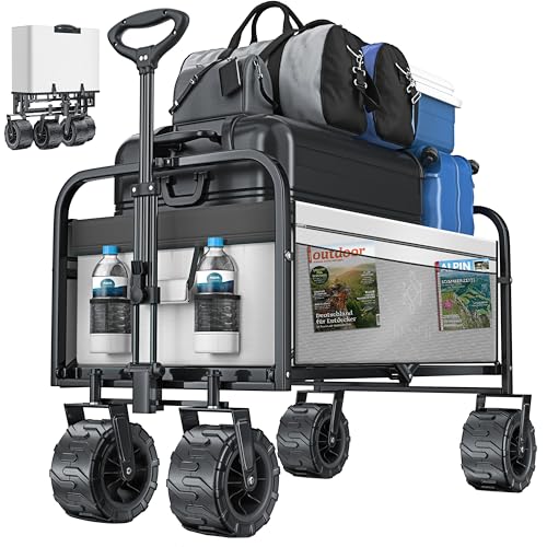 KESSER® Bollerwagen faltbar max. bis 150kg belastbar mit Breiten Vollgummi Reifen | Handwagen Transportkarre | Gerätewagen inkl. 2 Netztaschen & Seitentasche | Transportwagen Gartenanhänger klappbar