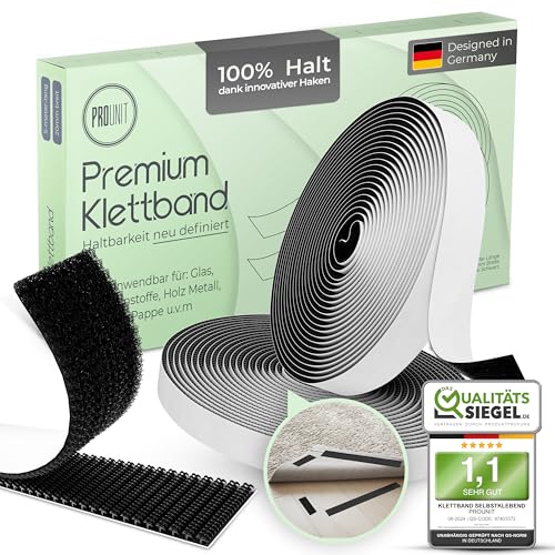 ProUnit© Klettband selbstklebend extra stark (5m x 20mm, Schwarz) – Innovatives Haken- & Flauschband für sicheren Halt | Vielseitig einsetzbar im Haushalt, in der Werkstatt & für DIY-Projekte!