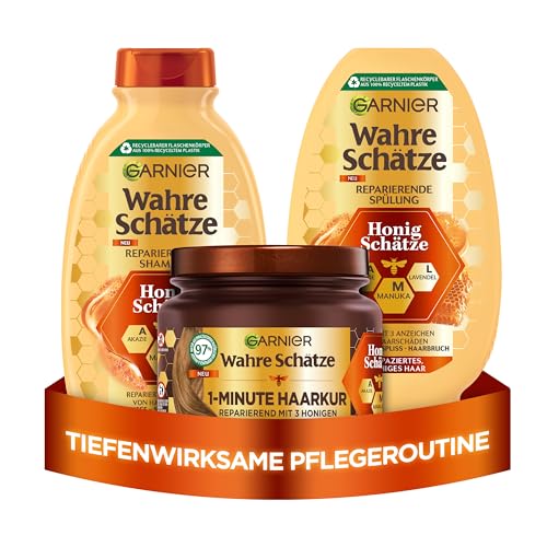 Garnier Wahre Schätze Haarpflege-Set mit Akazienhonig, Manuka und Lavendel, Honig-Schätze Shampoo (250 ml), Spülung (200 ml), 1-Minute Haarkur (340 ml), 3-teilig