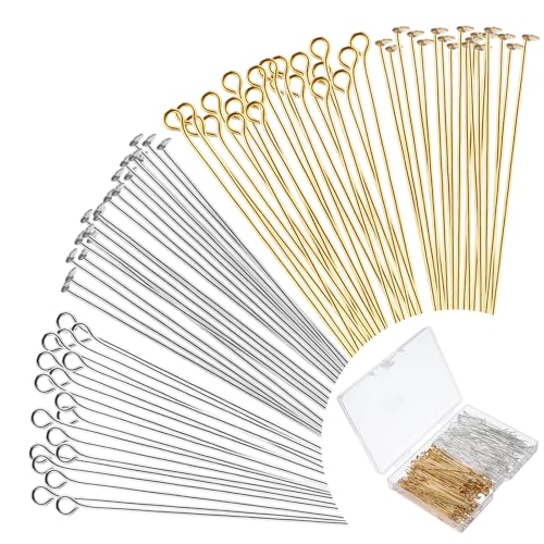 600 Stück 50mm kopfstifte schmuckherstellung, Stecknadeln Kopf Pins Ohrringe Basteln Nietstifte Mit Öse, Schmuck Kopfnadeln Gerade Stifte Edelstahl-Stift-Entdeckungen Kopfstifte, Golden/Silber