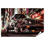 islandburner XXL Bild Poster Klassischer BMW in nächtlicher Stadt Japan für Wohnzimmer Autofans Autoshowroom Premium Bilder Fotodruck