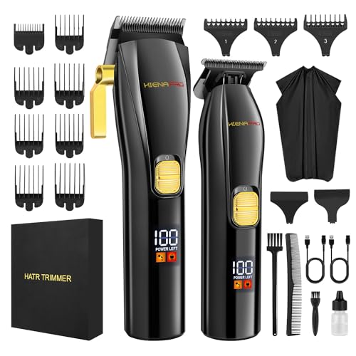 HIENA PRO Professionelle Haarschneider und T-Klinge Trimmer Kit für Männer Akku Komplette Barber Kit Haarschnitt Kit mit LCD Display USB Wiederaufladbar (Schwarz)